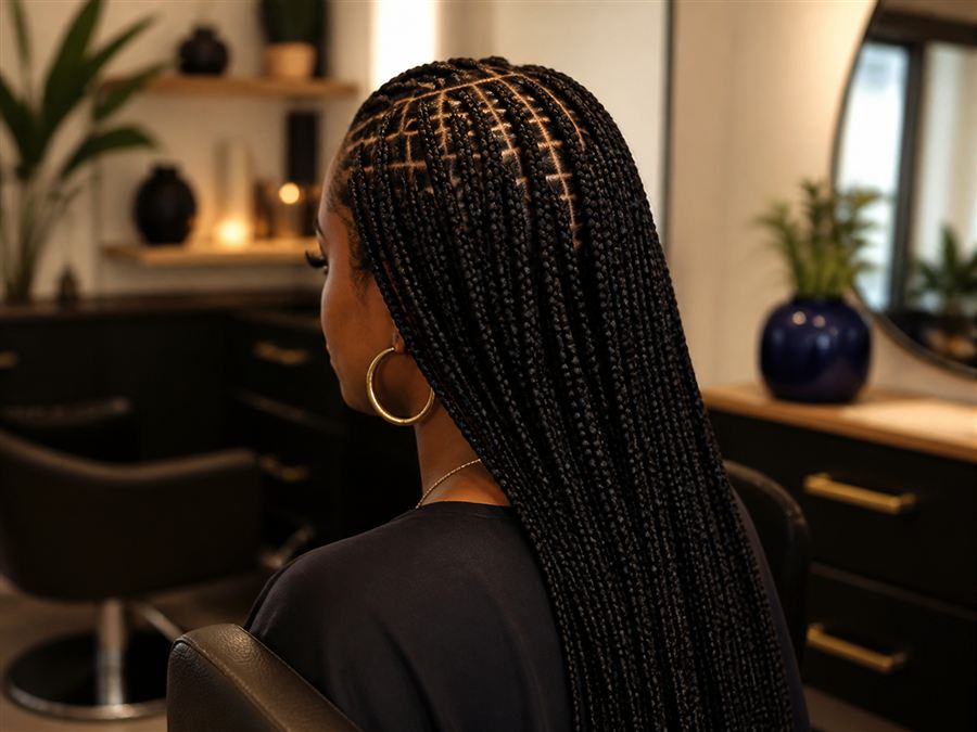 Long protective braids in a salon